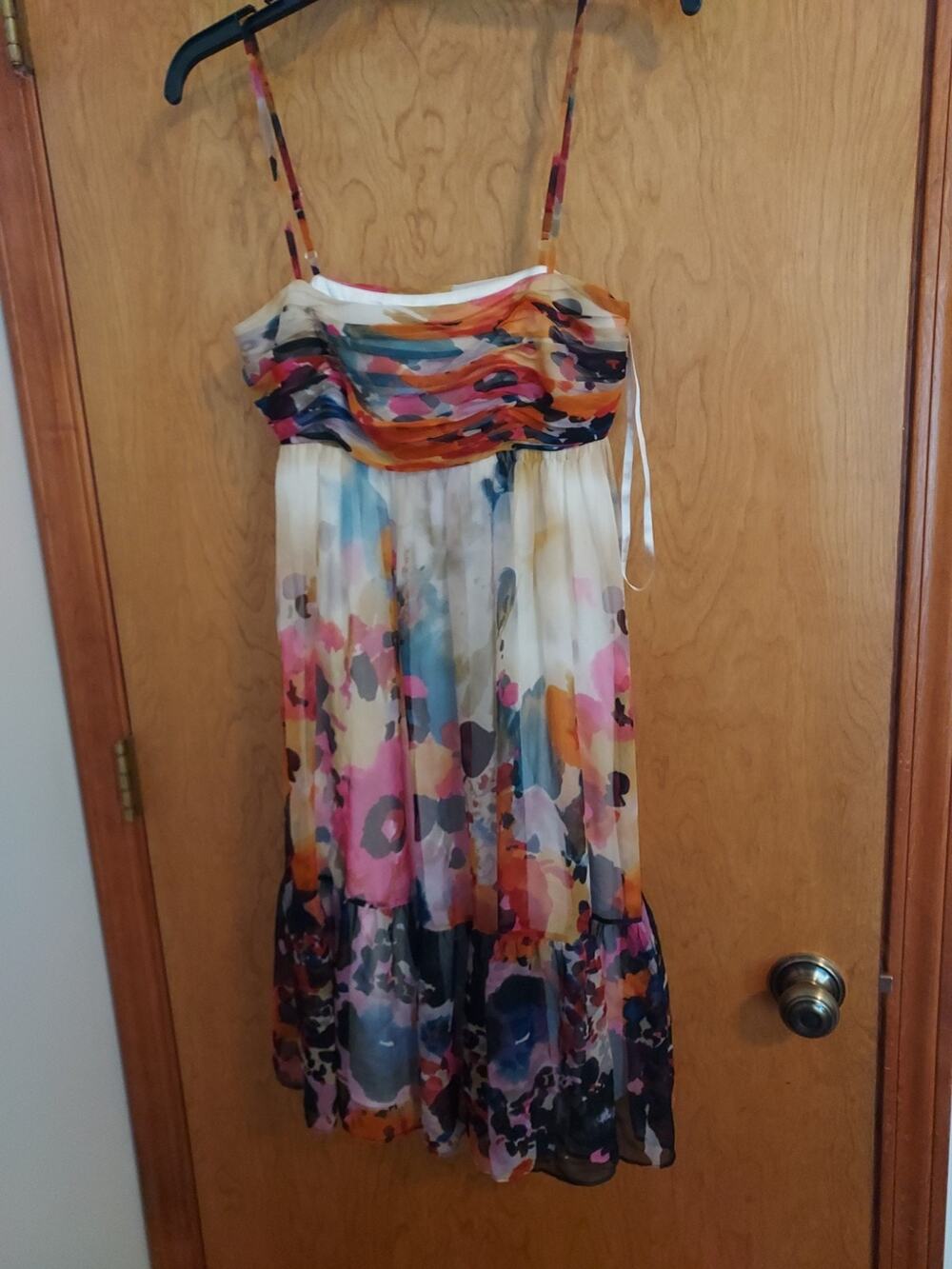 NINE WEST sz 4 Multicolor Floral Chiffon Dress Ruched Spaghetti Strap Mini Dress